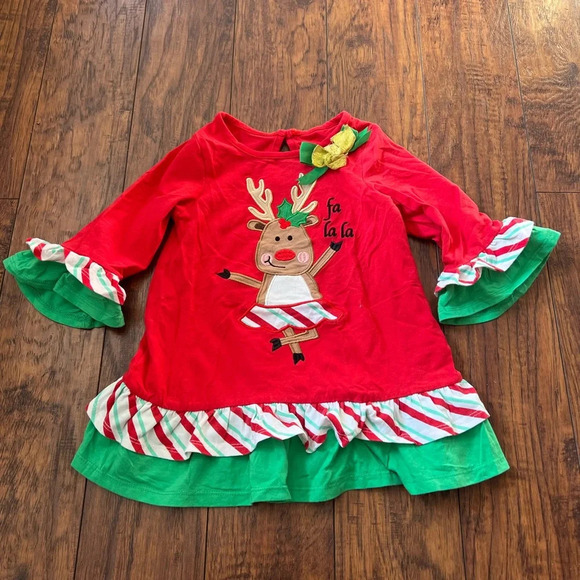 Magical Season Girls Christmas Holiday Red and Green Reindeer Dress | Size 3T - Picture 1 of 4